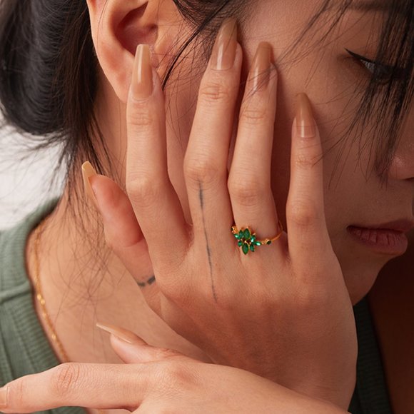 Green Flower Zircon Ring 18k Gold Adjustable - Picture 3 of 6